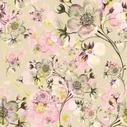  Seamless pattern watercolor gentle spring flowers with buds