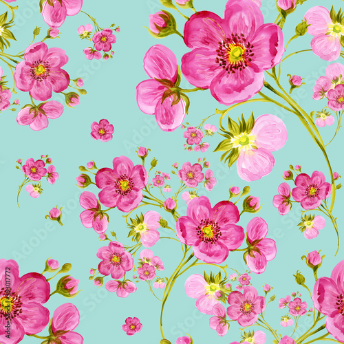  Seamless pattern watercolor gentle spring flowers with buds