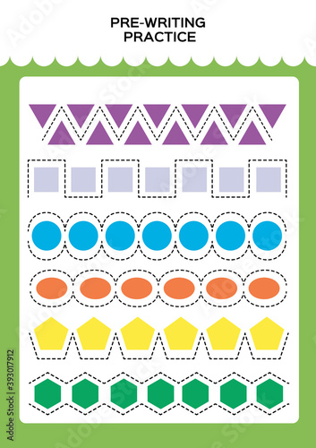 Tracing practice for kids. Pre-writing worksheet for little children. Prescool or kindergarten super handwriting practice. Fine motor skills. Lets trace dashed lines. Activity Game. Shapes. Green.