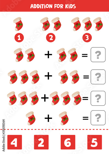 Addition with cartoon Christmas sock. Educational math game for kids.