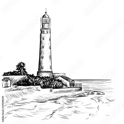 Vector hand drawing of lighthouse, seascape and nature drawing. isolated on white background