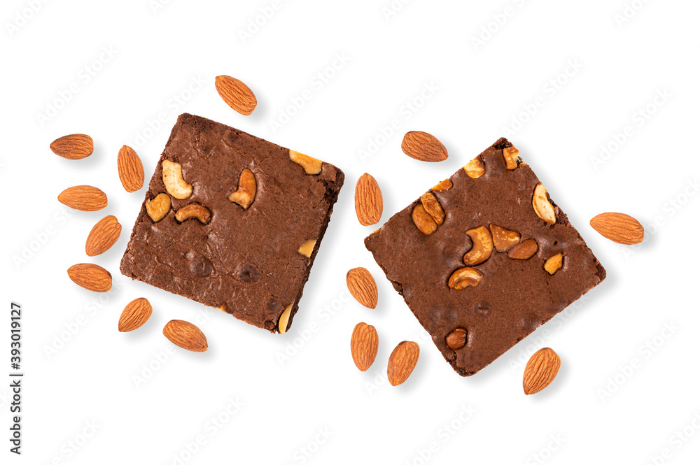 Top view Chocolate brownie cake with almond isolated on white Top view Chocolate brownie cake with almond isolated on white