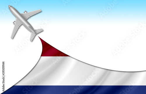 3d illustration plane with Netherlands flag background for business and travel design