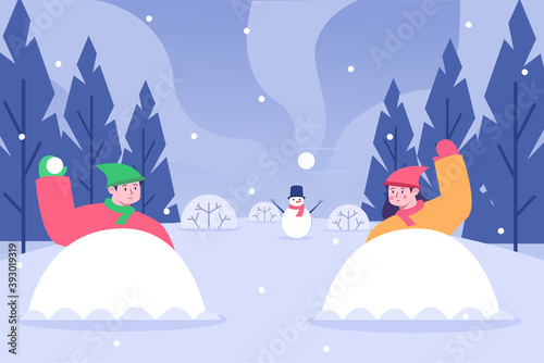 Flat illustration Kids playing snowball fight at outside in winter, People playing Snowball war, Winter holiday activity, Winter fun with friend, can be use for motion graphic, website, greeting card.