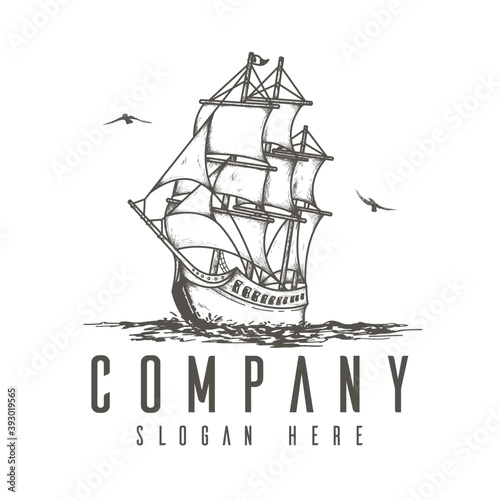 ship on the sea, Sailing ship logo concept, flat logo sketch, logo template for company, line art ship