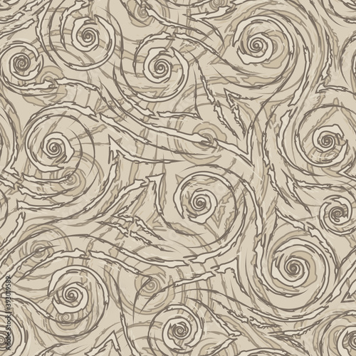 Beige smooth lines corners and spirals with torn edges on a brown background vector seamless pattern.Abstract geometric texture in pastel colors