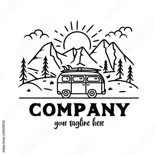 adventure line art , trip car landscape, outdoor adventure trip with car line style