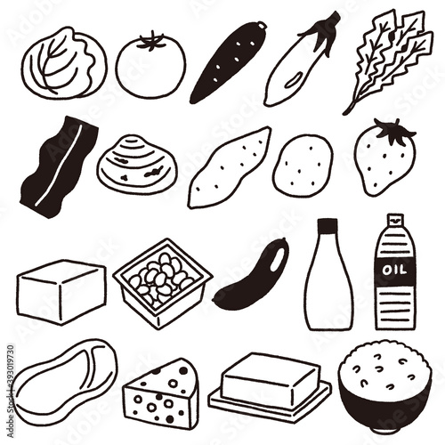 食材のアイコンセット　手描き風線のみ