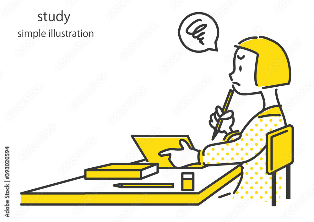 勉強で困っている女の子のイラスト シンプルでおしゃれな線画 Stock Illustration Adobe Stock