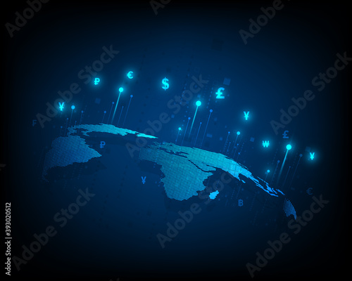 Global currency exchange world map concept business elements illustration