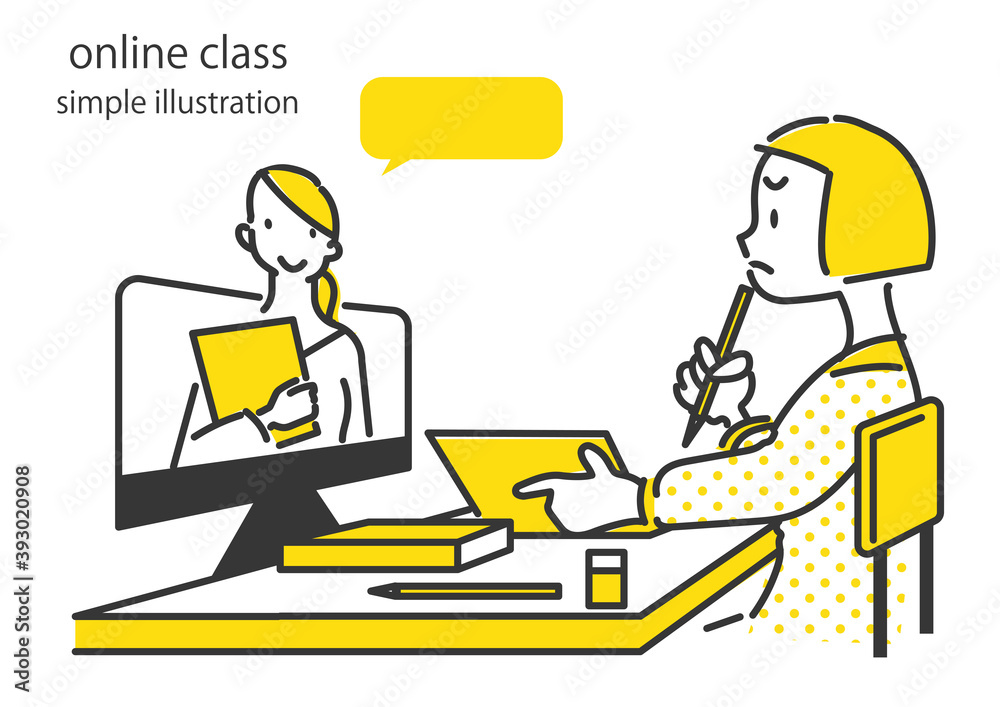 オンライン授業で困っている女の子のイラスト　シンプルでおしゃれな線画