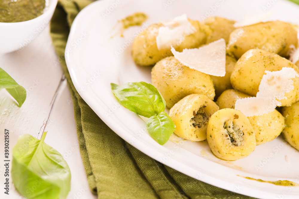 Potato gnocchi stuffed with pesto sauce. Potato gnocchi stuffed with pesto sauce.