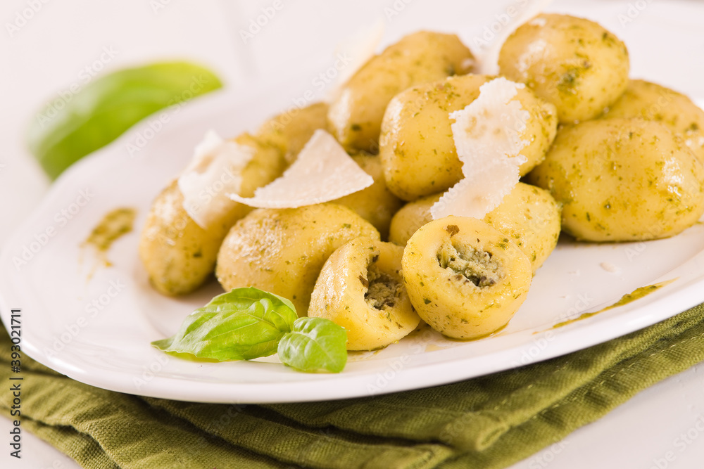 Potato gnocchi stuffed with pesto sauce. Potato gnocchi stuffed with pesto sauce.