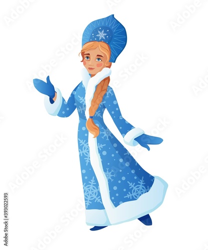 Snow Maiden also known as Russian Snegurochka. Cute girl wearing long blue coat with white fur. Cartoon vector illustration.