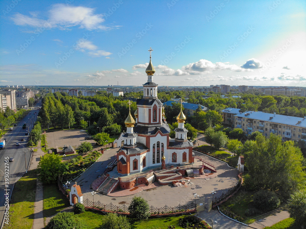 Aerial view of the church near Lomonosov street (Kirov, Russia)