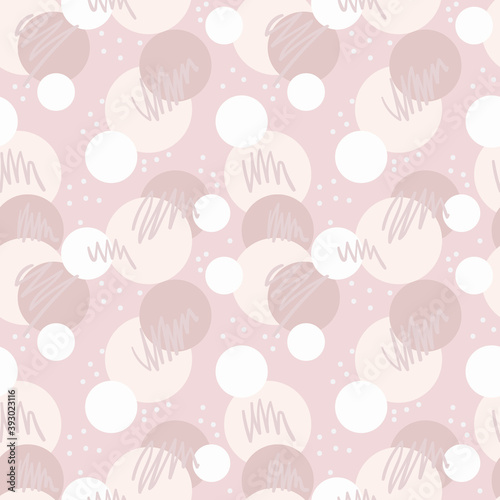 Nude and pink abstract pattern vector background, girly pastel wallpaper, circles and doodles, white dots.