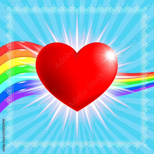 Light blue square poster. Red heart on a background of glowing rays and a wavy rainbow in a white openwork frame. EPS10