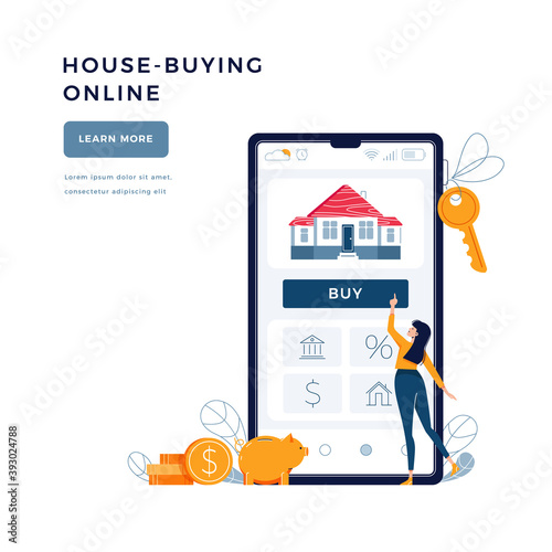 House-buying online banner. Woman buys a home touching the button. Dealing house, property web purchase, mortgage concept for website, emailing. People in flat cartoon design, vector illustration