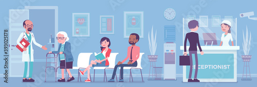 Hospital reception work in hall to help, assist patient. Clinic or doctor office, physician receives and treats people, health facility to provide healthcare. Vector flat style cartoon illustration