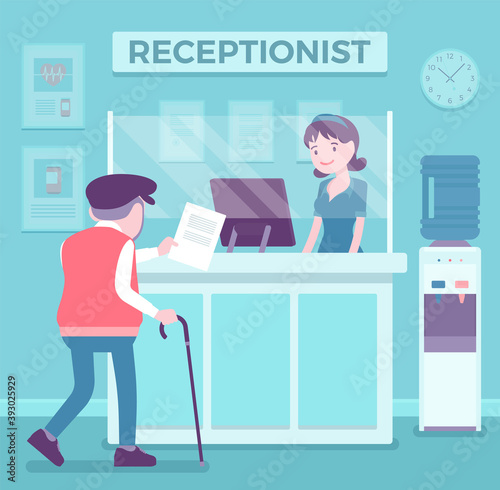 Hospital receptionist giving old man information, checking in for appointment. Senior person visiting medical clinic office, worker providing support to patient. Vector creative stylized illustration