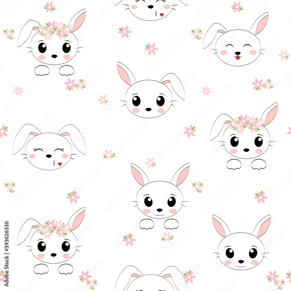 Simple pattern with a Bunny face with flowers on a white background. Vector illustration