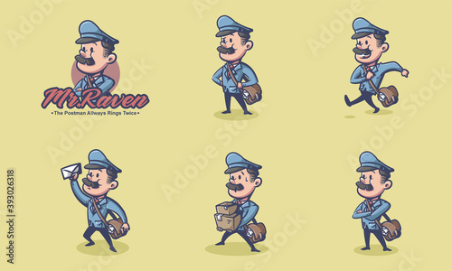 Konstfotografi cartoon mascot of postman carrying a vintage mailing bag