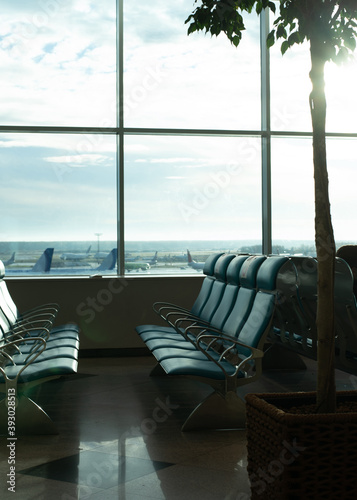 The interior of the airport. Empty hall. Early morning.