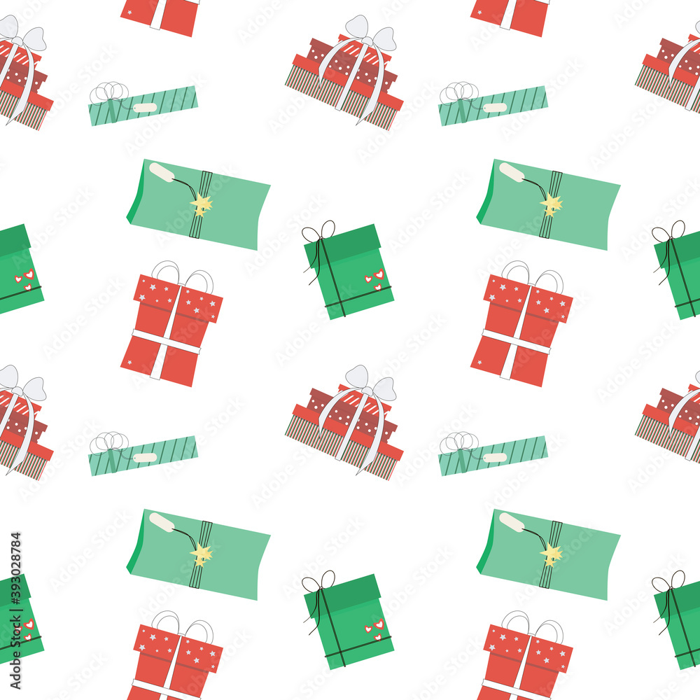 Seamless pattern with red and green gift boxes on a white background. New year's pattern Seamless pattern with red and green gift boxes on a white background. New year's pattern