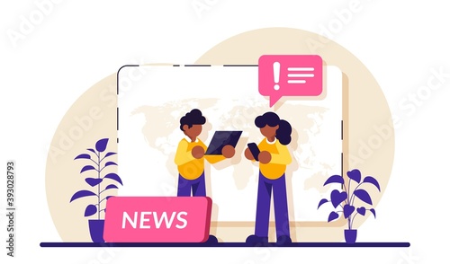 Limit your news intake concept. Social media connections. online news, News webpage, information about events, activities, company information and announcements. Modern flat illustration.