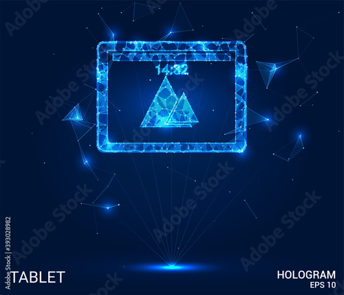 The hologram tablet. A tablet made up of polygons, triangles, points, and lines. The tablet is a low-poly compound structure. The technology concept.