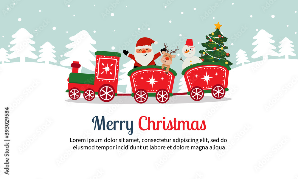 Cute Christmas Santa Claus train with reindeer and snowman. Christmas lanscape. Flat vector cartoon style
