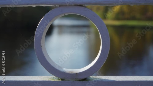 Slovyanka river in Pavlovsk park in autumn, view through the Oleniy bridge fence, St. Petersburg, Russia. photo