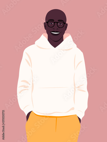 Portrait of a happy African man wearing in fashion hoodie. People and professions. Vector flat illustration.