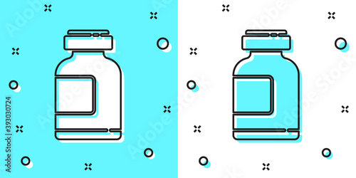 Black line Sports nutrition bodybuilding proteine power drink and food icon isolated on green and white background. Random dynamic shapes. Vector Illustration.