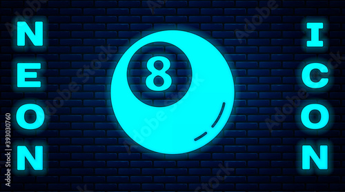 Glowing neon Billiard pool snooker ball icon isolated on brick wall background. Vector Illustration.