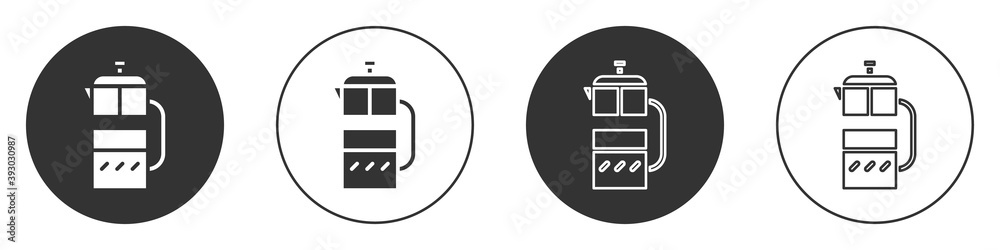 Black French press icon isolated on white background. Circle button. Vector Illustration. Black French press icon isolated on white background. Circle button. Vector Illustration.