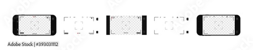 Camera in phone screen for photo. Interface of app for shot photo, record video. Horizontal mockup of smartphone with camera and ui. Icons of viewfinder, flash, focus, zoom, grid for selfie. Vector