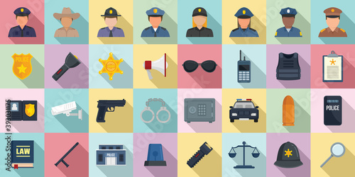 Policeman icons set. Flat set of policeman vector icons for web design