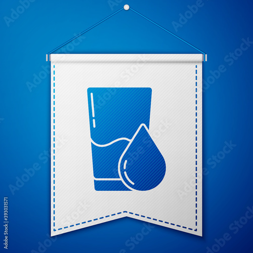 Blue Glass with water icon isolated on blue background. Soda glass. White pennant template. Vector Illustration.