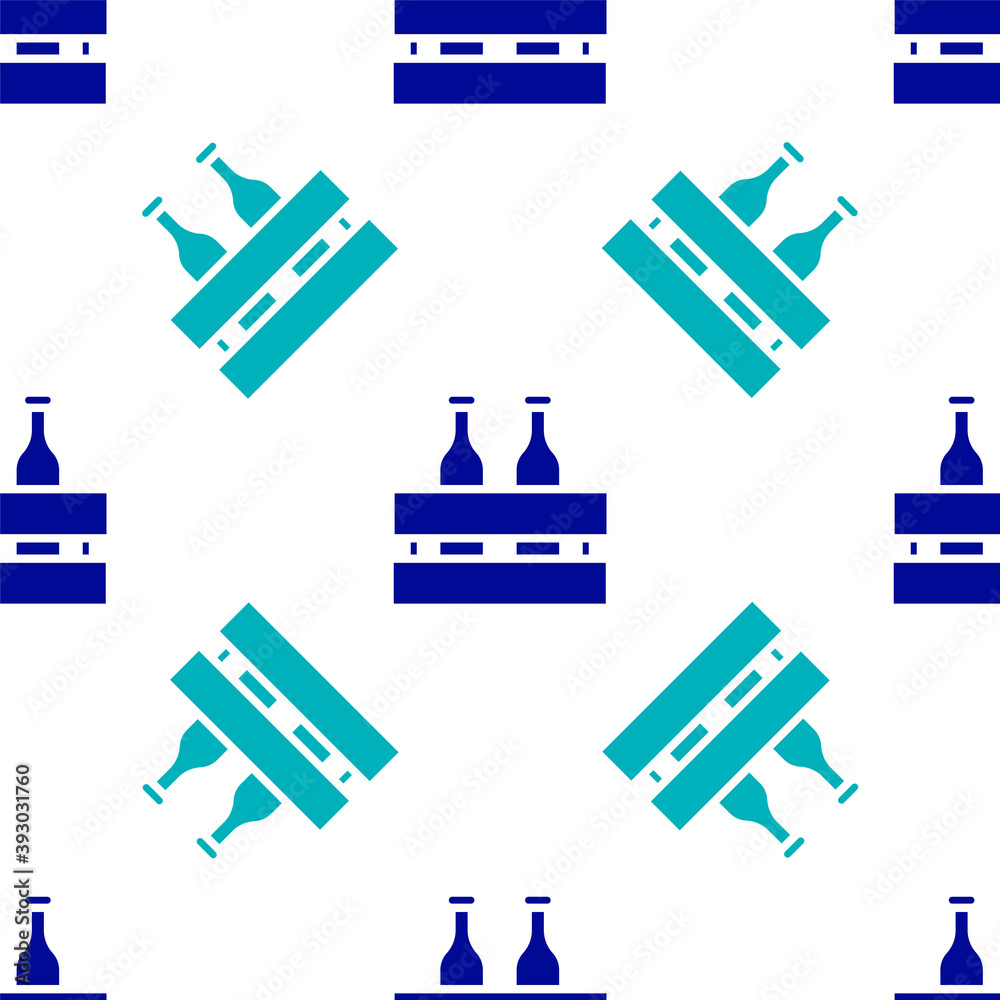 Blue Pack of beer bottles icon isolated seamless pattern on white background. Wooden box and beer bottles. Case crate beer box sign. Vector Illustration. Blue Pack of beer bottles icon isolated seamless pattern on white background. Wooden box and beer bottles. Case crate beer box sign. Vector Illustration.