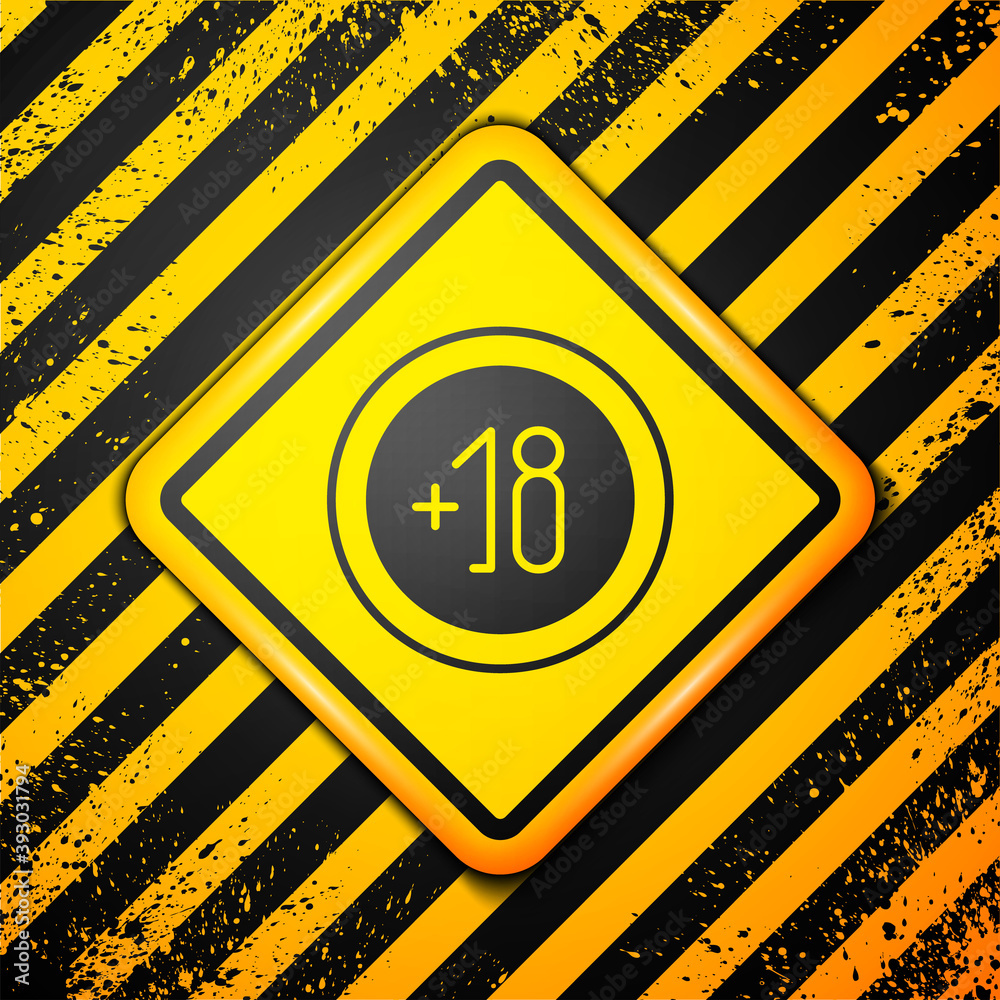 Black Alcohol 18 plus icon isolated on yellow background. Prohibiting alcohol beverages. Warning sign. Vector Illustration. Black Alcohol 18 plus icon isolated on yellow background. Prohibiting alcohol beverages. Warning sign. Vector Illustration.