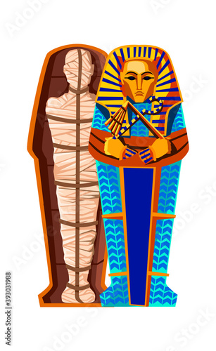 Mummy creation cartoon vector illustration. Stages of mummification process, embalming dead body, wrapping it with cloth and placing in Egyptian sarcophagus. Traditions of ancient Egypt, cult of dead