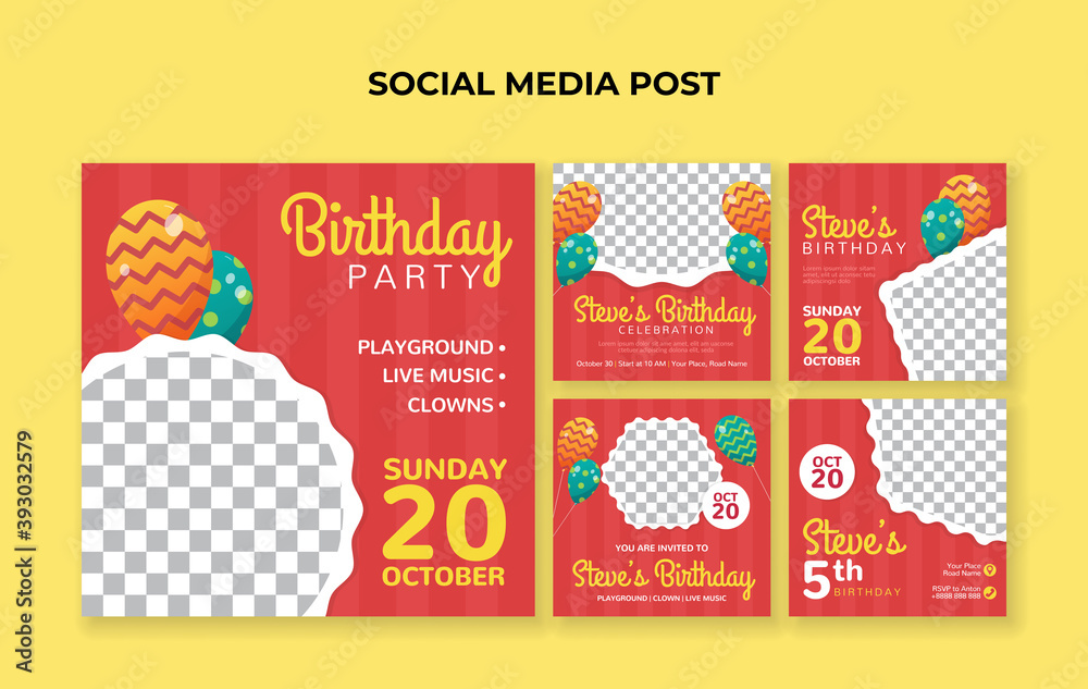 Kids birthday party social media post template. Suitable for kids birthday invitation or any other kids event