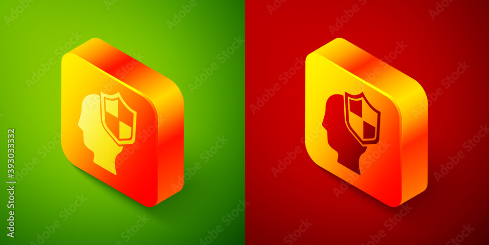 Isometric Human head with shield icon isolated on green and red background. Square button. Vector. Isometric Human head with shield icon isolated on green and red background. Square button. Vector.