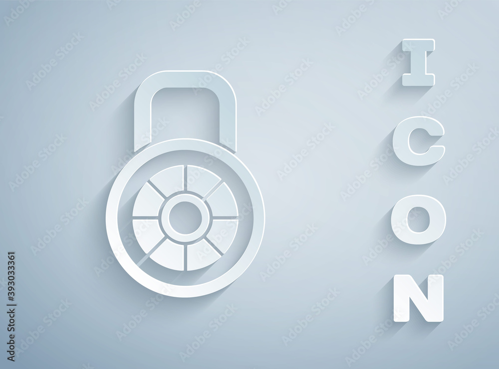Paper cut Safe combination lock icon isolated on grey background. Combination padlock. Security, safety, protection, password, privacy. Paper art style. Vector. Paper cut Safe combination lock icon isolated on grey background. Combination padlock. Security, safety, protection, password, privacy. Paper art style. Vector.