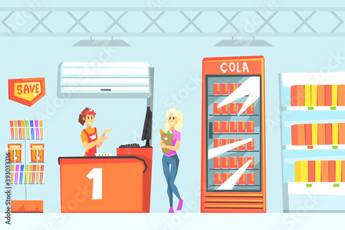 Person Shopping in Supermarket, Cheerful Woman Cashier in Standing at Cash Register Cartoon Vector Illustration