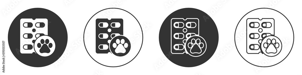 Black Dog pill icon isolated on white background. Prescription medicine for animal. Circle button. Vector. Black Dog pill icon isolated on white background. Prescription medicine for animal. Circle button. Vector.