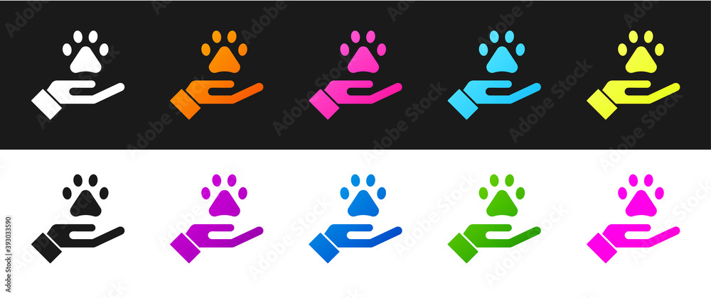 Set Hands with animals footprint icon isolated on black and white background. Pet paw in heart. Love to the animals. Vector.