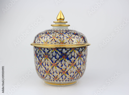 Thai traditional porcelain with lid called Benjarong - It contained of 5 colors art painted in the ceramic , high class art of Thailand isolated on white background