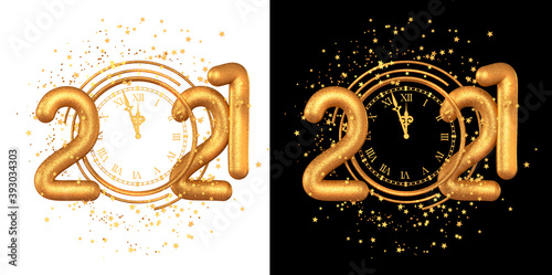 New Year's, Christmas holiday background, gold chifras 2021, tinsel, glitter, jewelry, clock, arrows, 3d rendering, isolated